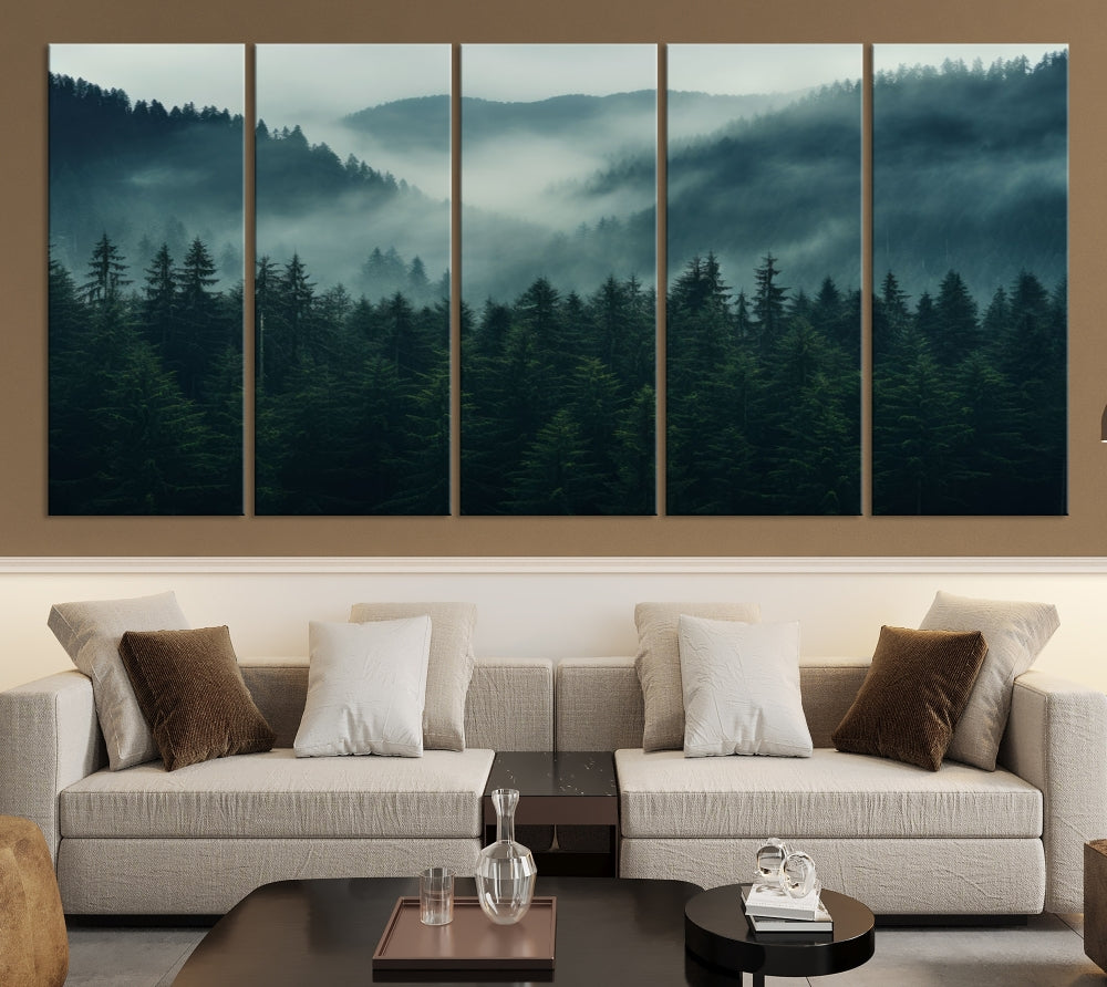 The Captivating Misty Forest Wall Art Premium Canvas Print adds a foggy and serene atmosphere to the living room with its large triptych on gallery-wrapped museum-quality canvas.