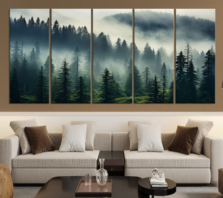 The Captivating Misty Forest Wall Art Premium Canvas Print creates a foggy and serene atmosphere in the living room. Each canvas is ready to hang and comes with a UV-protective coating to ensure lasting beauty.