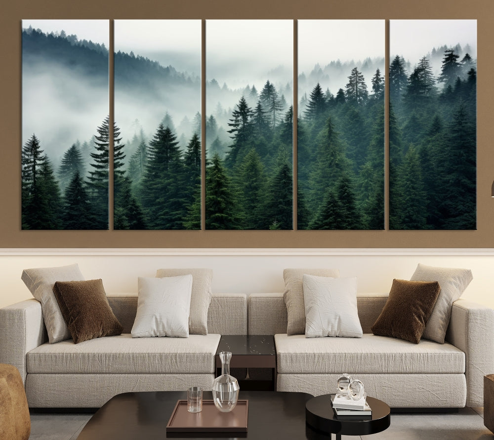 The Captivating Misty Forest Wall Art Premium Canvas Print portrays a foggy and serene atmosphere. This enchanting piece is displayed across three panels, each gallery wrapped for a seamless, sophisticated look.