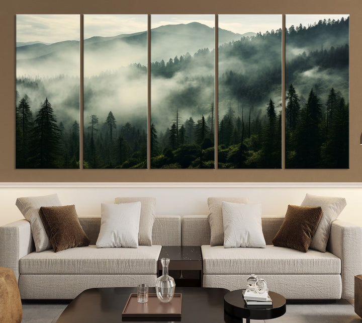 The "Captivating Misty Forest" wall art is a three-panel masterpiece that brings a foggy and serene atmosphere to the space. Printed on museum-quality canvas with a UV-protective coating, this piece offers an inviting and modern touch, ready to hang.