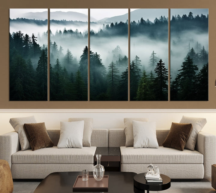 The Captivating Misty Forest Wall Art Premium Canvas Print, featuring a foggy and serene atmosphere on museum-quality canvases with a UV-protective coating, adorns the wall.