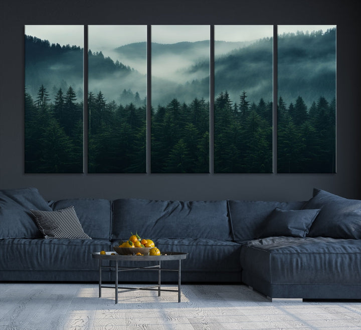 The Captivating Misty Forest Wall Art Premium Canvas Print adds a foggy and serene atmosphere to the living room with its large triptych on gallery-wrapped museum-quality canvas.