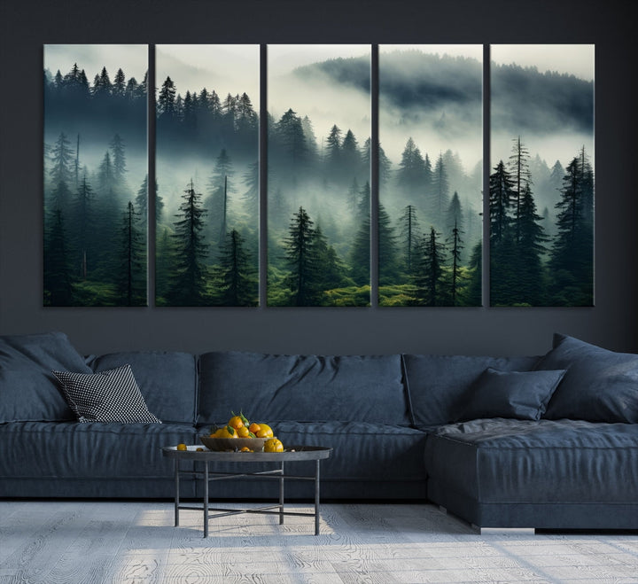 The Captivating Misty Forest Wall Art Premium Canvas Print creates a foggy and serene atmosphere in the living room. Each canvas is ready to hang and comes with a UV-protective coating to ensure lasting beauty.