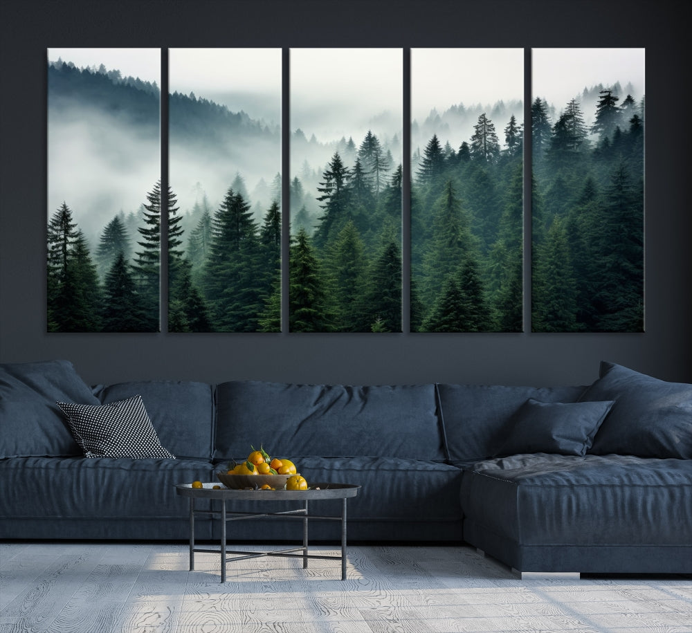 The Captivating Misty Forest Wall Art Premium Canvas Print portrays a foggy and serene atmosphere. This enchanting piece is displayed across three panels, each gallery wrapped for a seamless, sophisticated look.