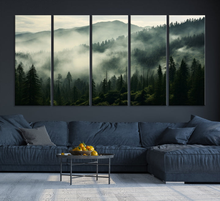 The "Captivating Misty Forest" wall art is a three-panel masterpiece that brings a foggy and serene atmosphere to the space. Printed on museum-quality canvas with a UV-protective coating, this piece offers an inviting and modern touch, ready to hang.