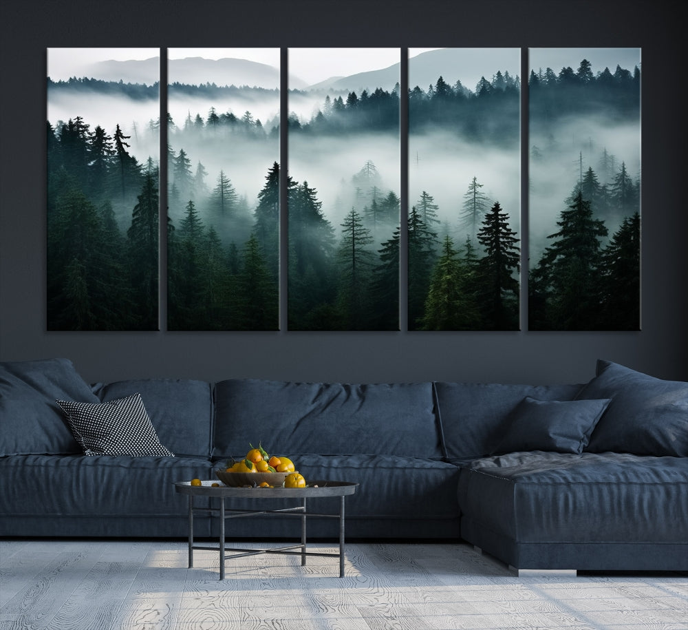 The Captivating Misty Forest Wall Art Premium Canvas Print, featuring a foggy and serene atmosphere on museum-quality canvases with a UV-protective coating, adorns the wall.