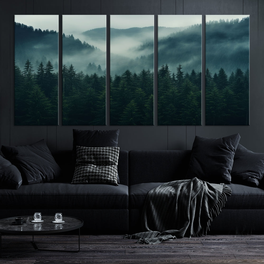 The Captivating Misty Forest Wall Art Premium Canvas Print adds a foggy and serene atmosphere to the living room with its large triptych on gallery-wrapped museum-quality canvas.