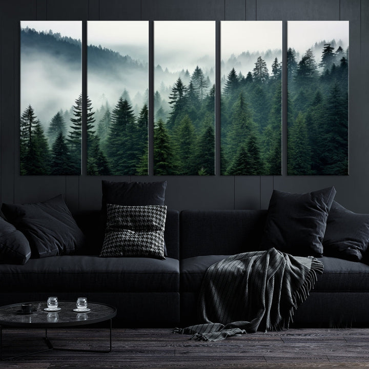 The Captivating Misty Forest Wall Art Premium Canvas Print portrays a foggy and serene atmosphere. This enchanting piece is displayed across three panels, each gallery wrapped for a seamless, sophisticated look.