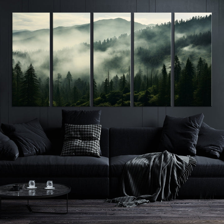 The "Captivating Misty Forest" wall art is a three-panel masterpiece that brings a foggy and serene atmosphere to the space. Printed on museum-quality canvas with a UV-protective coating, this piece offers an inviting and modern touch, ready to hang.