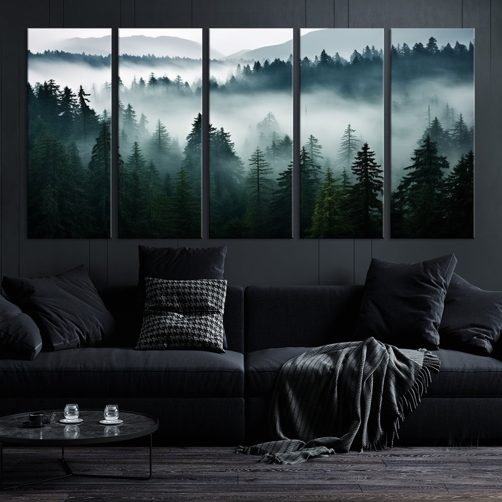 The Captivating Misty Forest Wall Art Premium Canvas Print, featuring a foggy and serene atmosphere on museum-quality canvases with a UV-protective coating, adorns the wall.