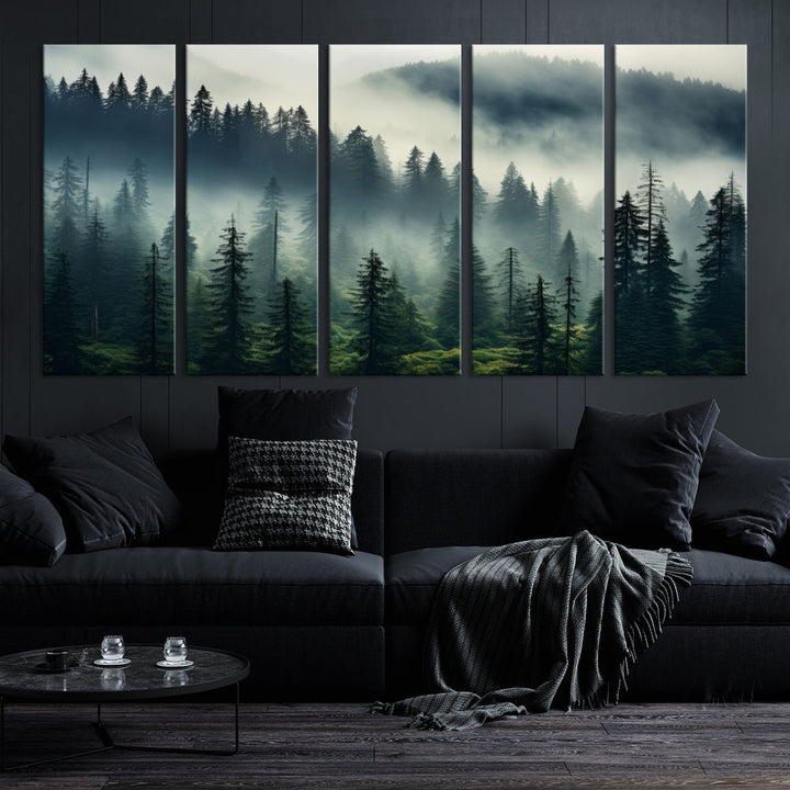 The Captivating Misty Forest Wall Art Premium Canvas Print creates a foggy and serene atmosphere in the living room. Each canvas is ready to hang and comes with a UV-protective coating to ensure lasting beauty.