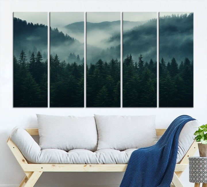 The Captivating Misty Forest Wall Art Premium Canvas Print adds a foggy and serene atmosphere to the living room with its large triptych on gallery-wrapped museum-quality canvas.