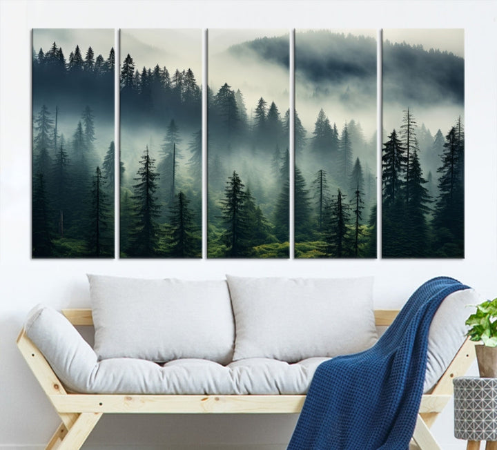 The Captivating Misty Forest Wall Art Premium Canvas Print creates a foggy and serene atmosphere in the living room. Each canvas is ready to hang and comes with a UV-protective coating to ensure lasting beauty.