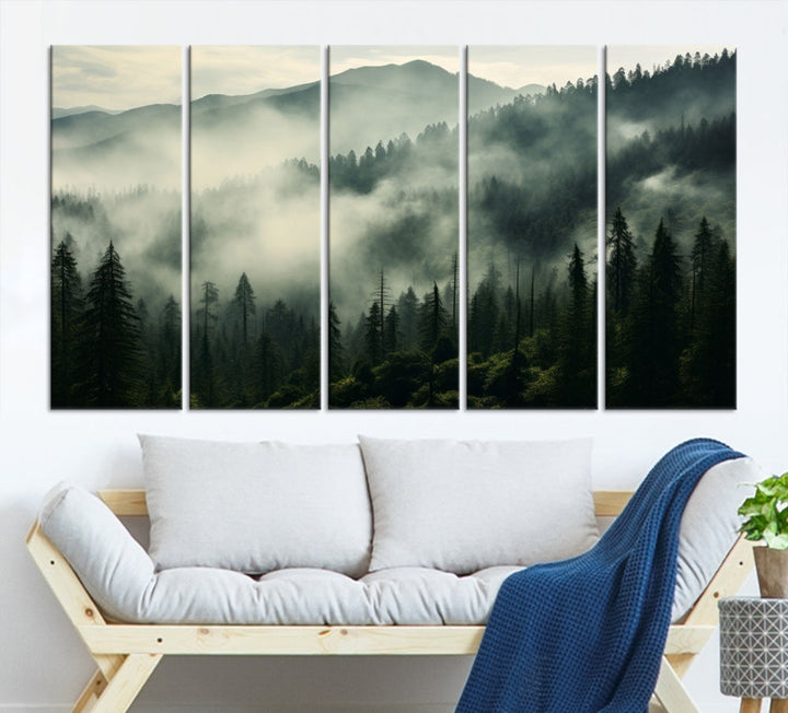 The "Captivating Misty Forest" wall art is a three-panel masterpiece that brings a foggy and serene atmosphere to the space. Printed on museum-quality canvas with a UV-protective coating, this piece offers an inviting and modern touch, ready to hang.