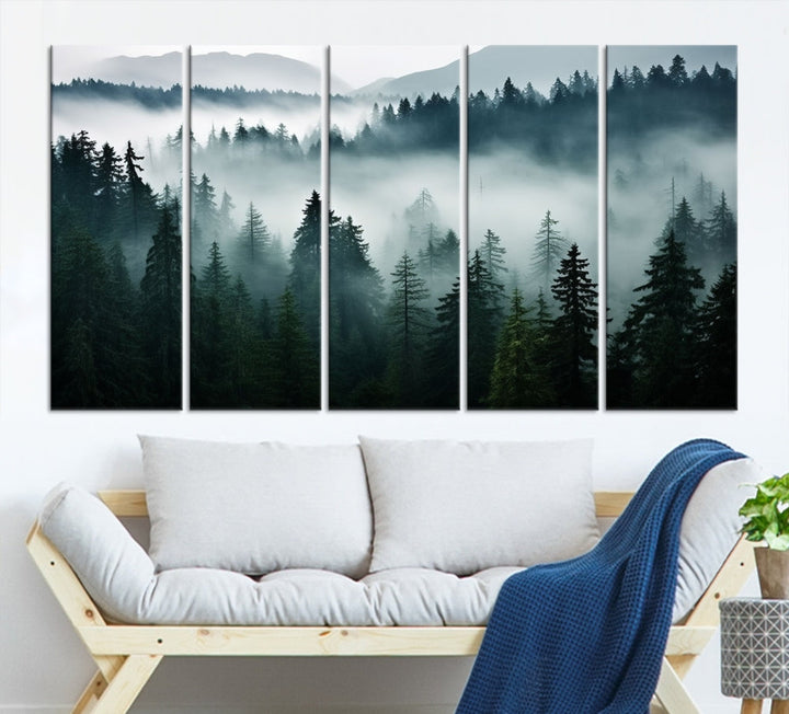 The Captivating Misty Forest Wall Art Premium Canvas Print, featuring a foggy and serene atmosphere on museum-quality canvases with a UV-protective coating, adorns the wall.