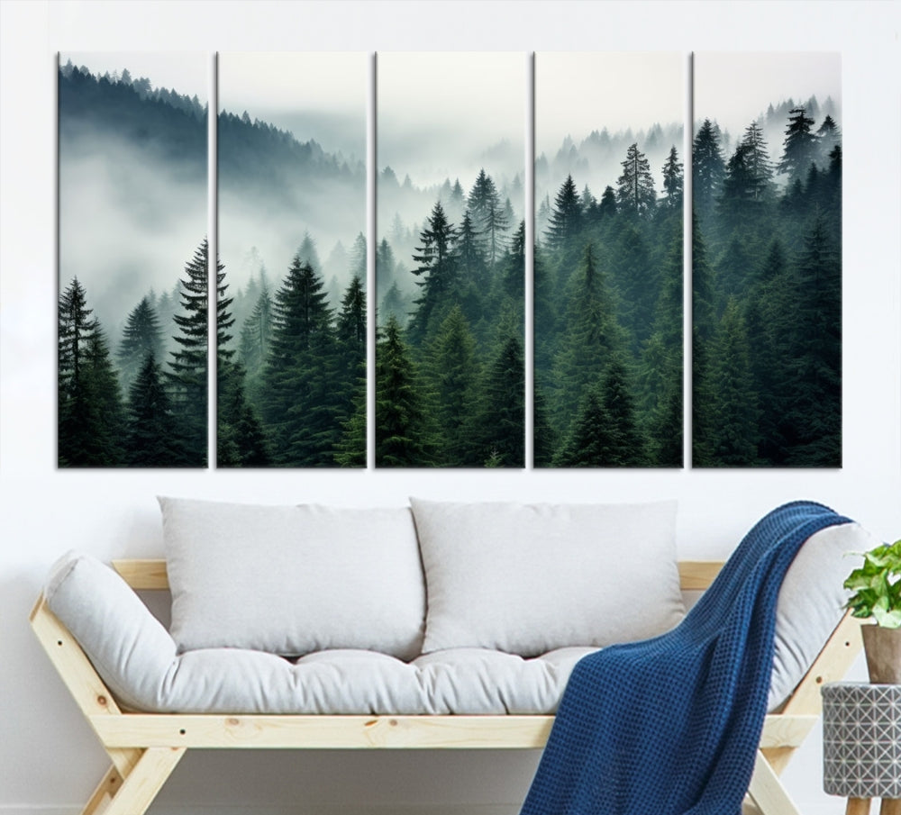 The Captivating Misty Forest Wall Art Premium Canvas Print portrays a foggy and serene atmosphere. This enchanting piece is displayed across three panels, each gallery wrapped for a seamless, sophisticated look.