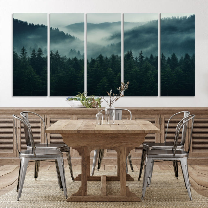 The Captivating Misty Forest Wall Art Premium Canvas Print adds a foggy and serene atmosphere to the living room with its large triptych on gallery-wrapped museum-quality canvas.