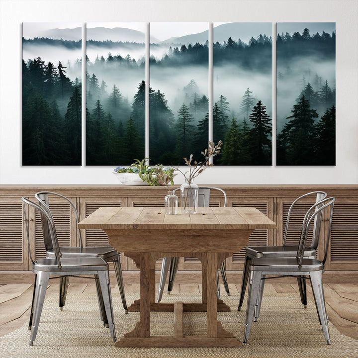 The Captivating Misty Forest Wall Art Premium Canvas Print, featuring a foggy and serene atmosphere on museum-quality canvases with a UV-protective coating, adorns the wall.