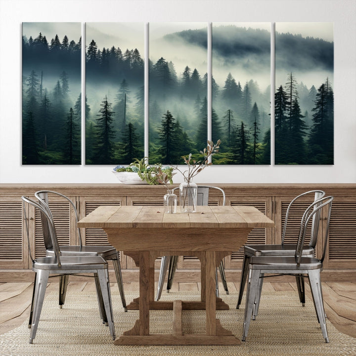 The Captivating Misty Forest Wall Art Premium Canvas Print creates a foggy and serene atmosphere in the living room. Each canvas is ready to hang and comes with a UV-protective coating to ensure lasting beauty.