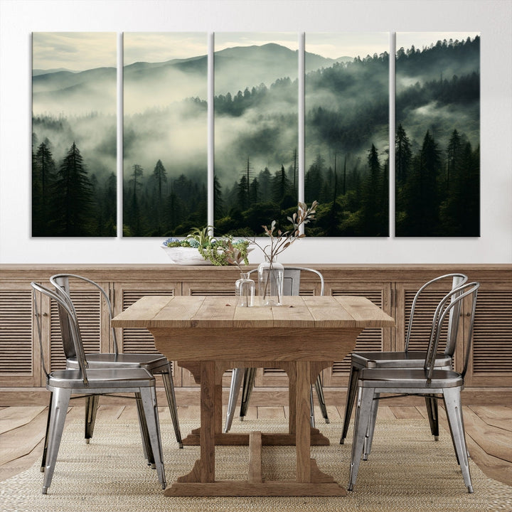 The "Captivating Misty Forest" wall art is a three-panel masterpiece that brings a foggy and serene atmosphere to the space. Printed on museum-quality canvas with a UV-protective coating, this piece offers an inviting and modern touch, ready to hang.