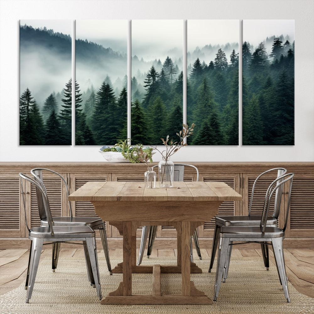 The Captivating Misty Forest Wall Art Premium Canvas Print portrays a foggy and serene atmosphere. This enchanting piece is displayed across three panels, each gallery wrapped for a seamless, sophisticated look.