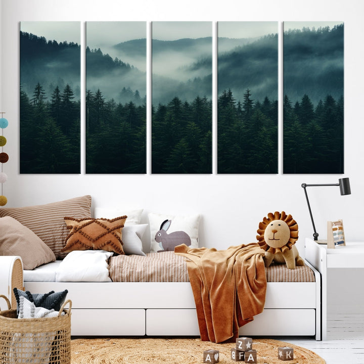 The Captivating Misty Forest Wall Art Premium Canvas Print adds a foggy and serene atmosphere to the living room with its large triptych on gallery-wrapped museum-quality canvas.