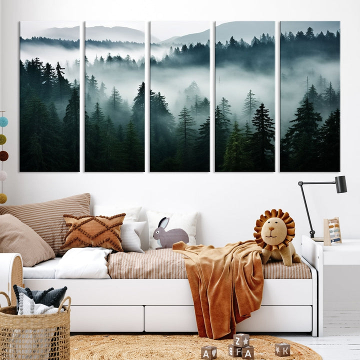 The Captivating Misty Forest Wall Art Premium Canvas Print, featuring a foggy and serene atmosphere on museum-quality canvases with a UV-protective coating, adorns the wall.