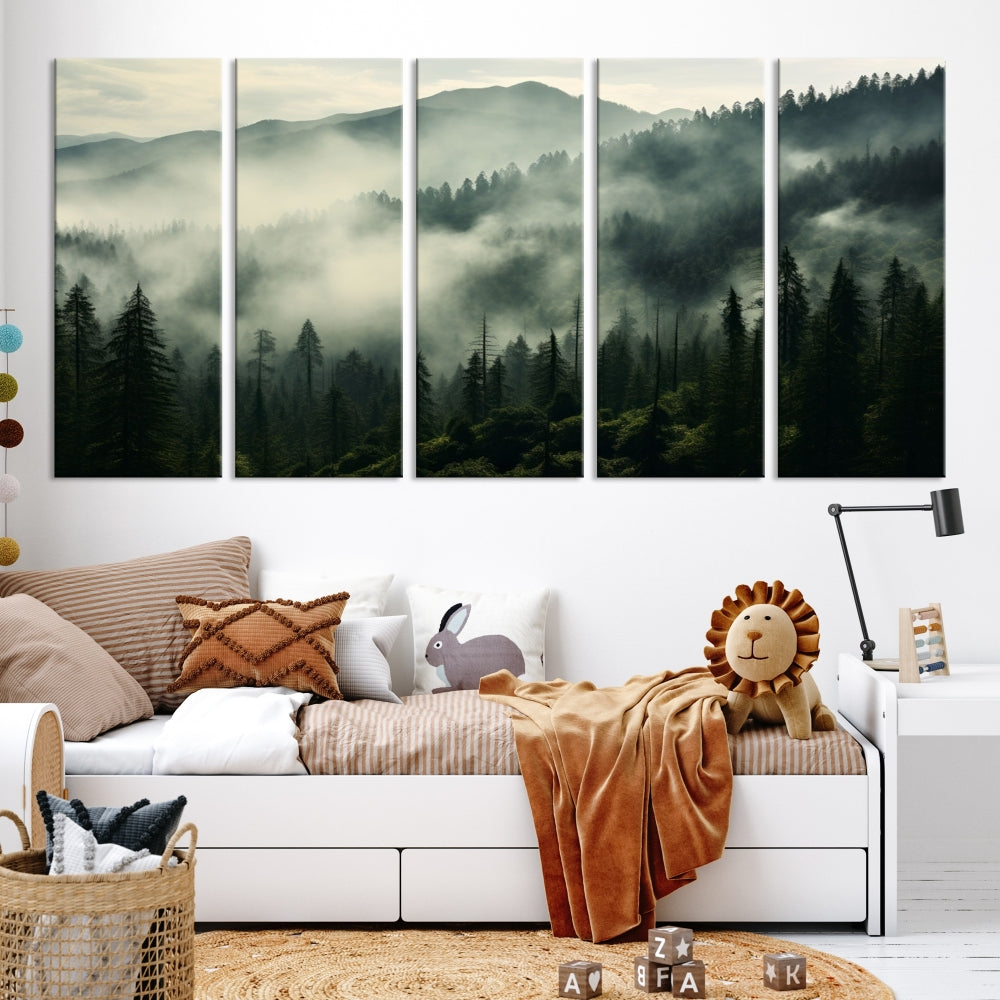 The "Captivating Misty Forest" wall art is a three-panel masterpiece that brings a foggy and serene atmosphere to the space. Printed on museum-quality canvas with a UV-protective coating, this piece offers an inviting and modern touch, ready to hang.