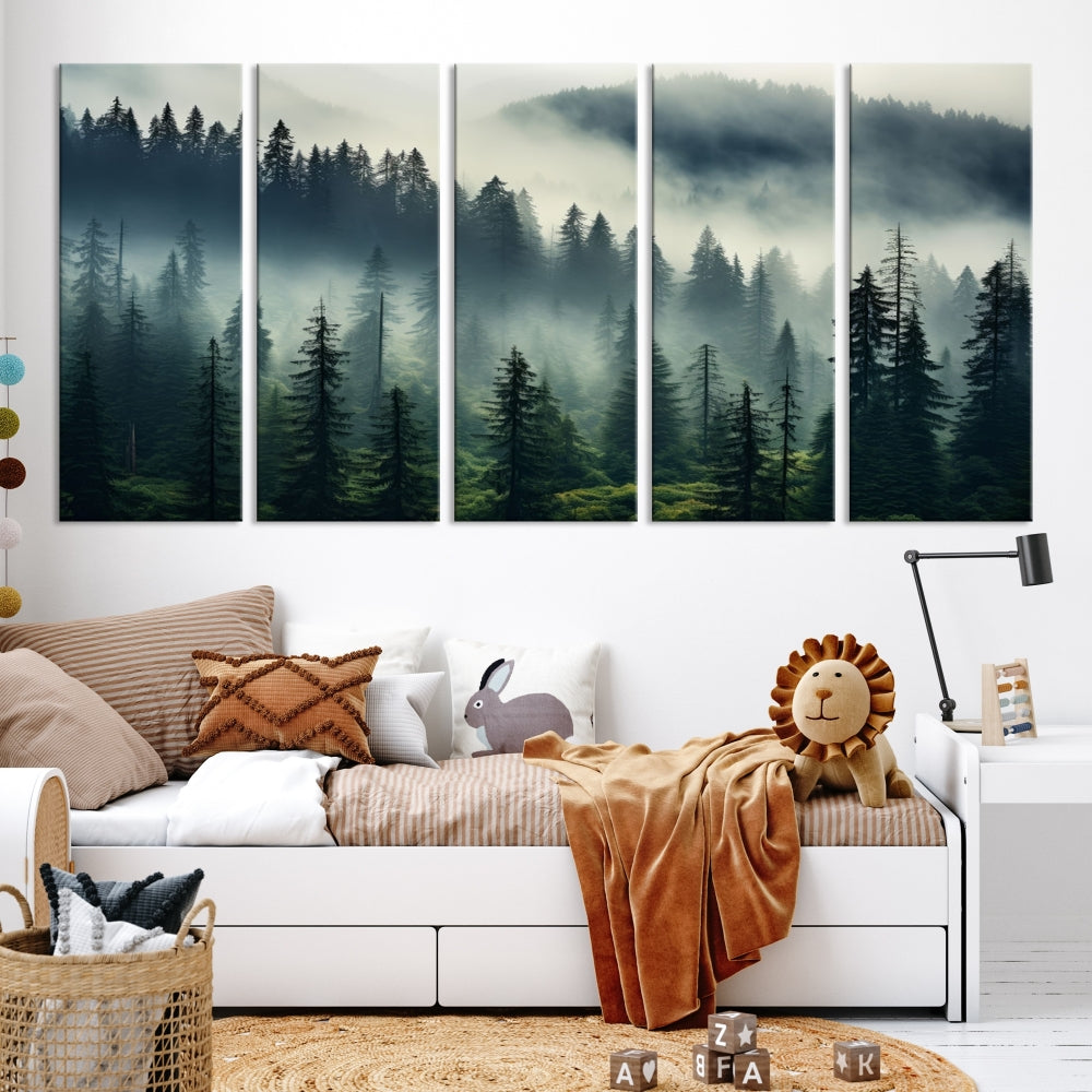 The Captivating Misty Forest Wall Art Premium Canvas Print creates a foggy and serene atmosphere in the living room. Each canvas is ready to hang and comes with a UV-protective coating to ensure lasting beauty.