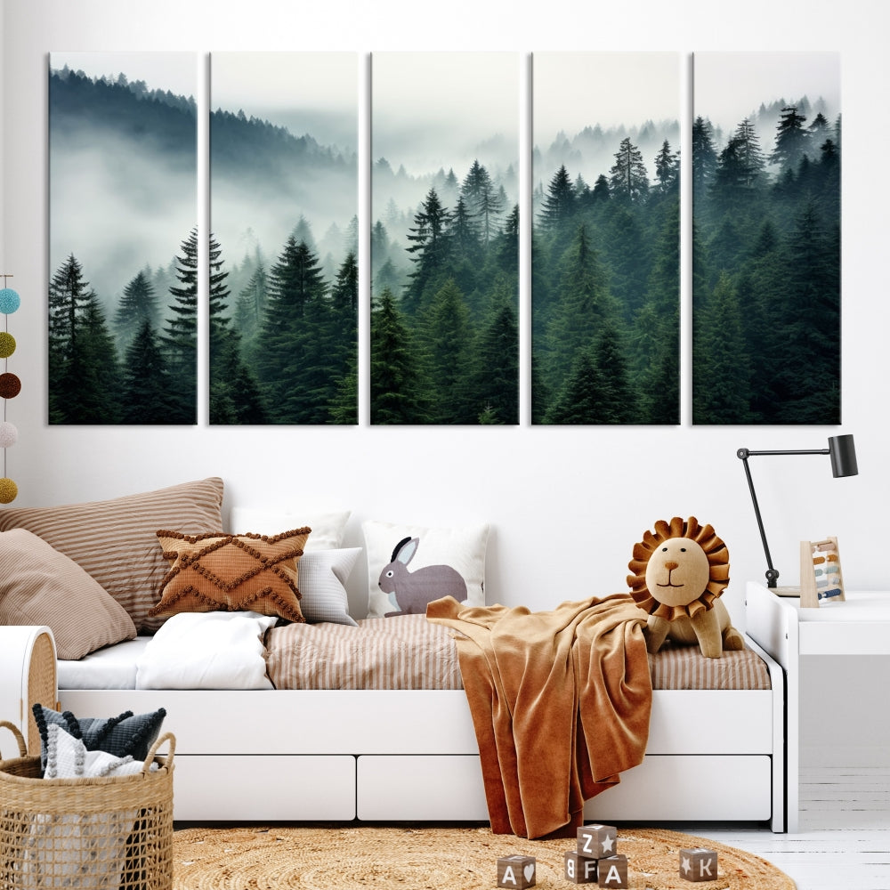 The Captivating Misty Forest Wall Art Premium Canvas Print portrays a foggy and serene atmosphere. This enchanting piece is displayed across three panels, each gallery wrapped for a seamless, sophisticated look.