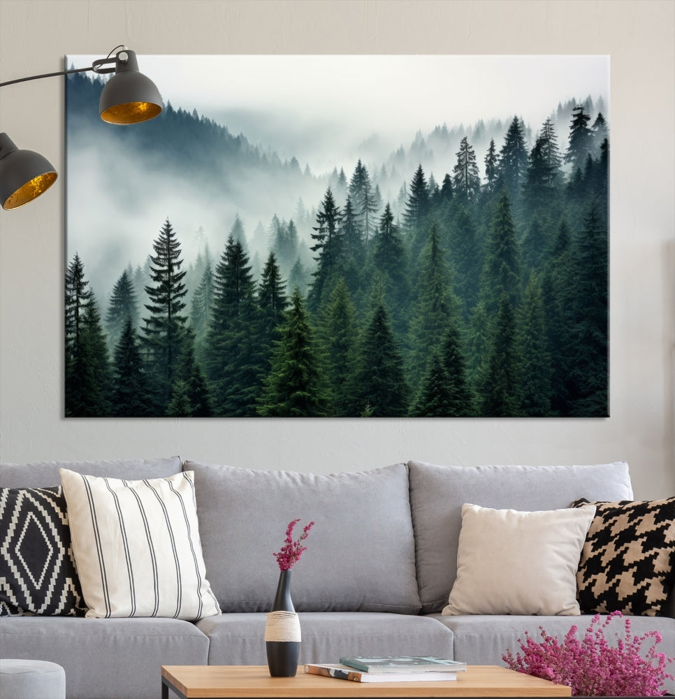 The Captivating Misty Forest Wall Art Premium Canvas Print portrays a foggy and serene atmosphere. This enchanting piece is displayed across three panels, each gallery wrapped for a seamless, sophisticated look.