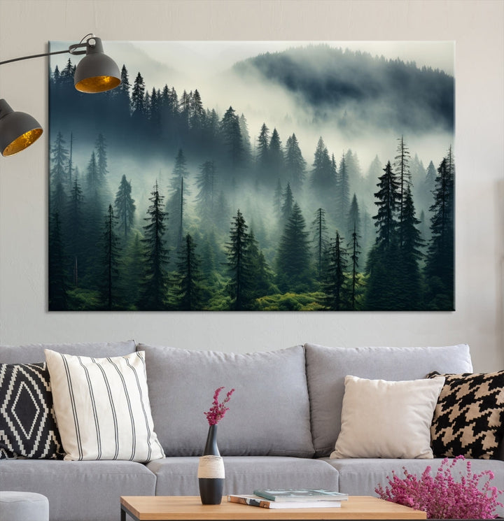 The Captivating Misty Forest Wall Art Premium Canvas Print creates a foggy and serene atmosphere in the living room. Each canvas is ready to hang and comes with a UV-protective coating to ensure lasting beauty.