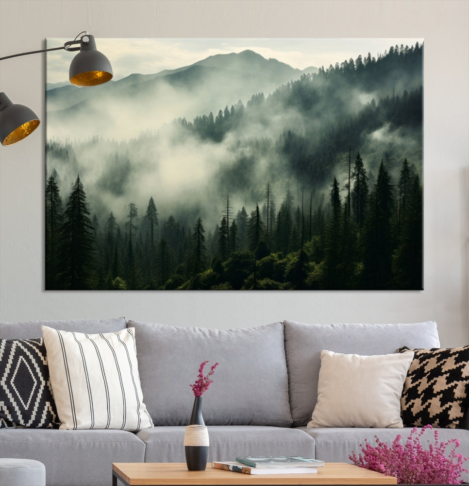 The "Captivating Misty Forest" wall art is a three-panel masterpiece that brings a foggy and serene atmosphere to the space. Printed on museum-quality canvas with a UV-protective coating, this piece offers an inviting and modern touch, ready to hang.