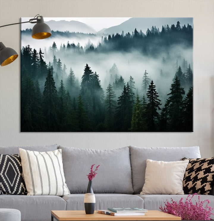 The Captivating Misty Forest Wall Art Premium Canvas Print, featuring a foggy and serene atmosphere on museum-quality canvases with a UV-protective coating, adorns the wall.