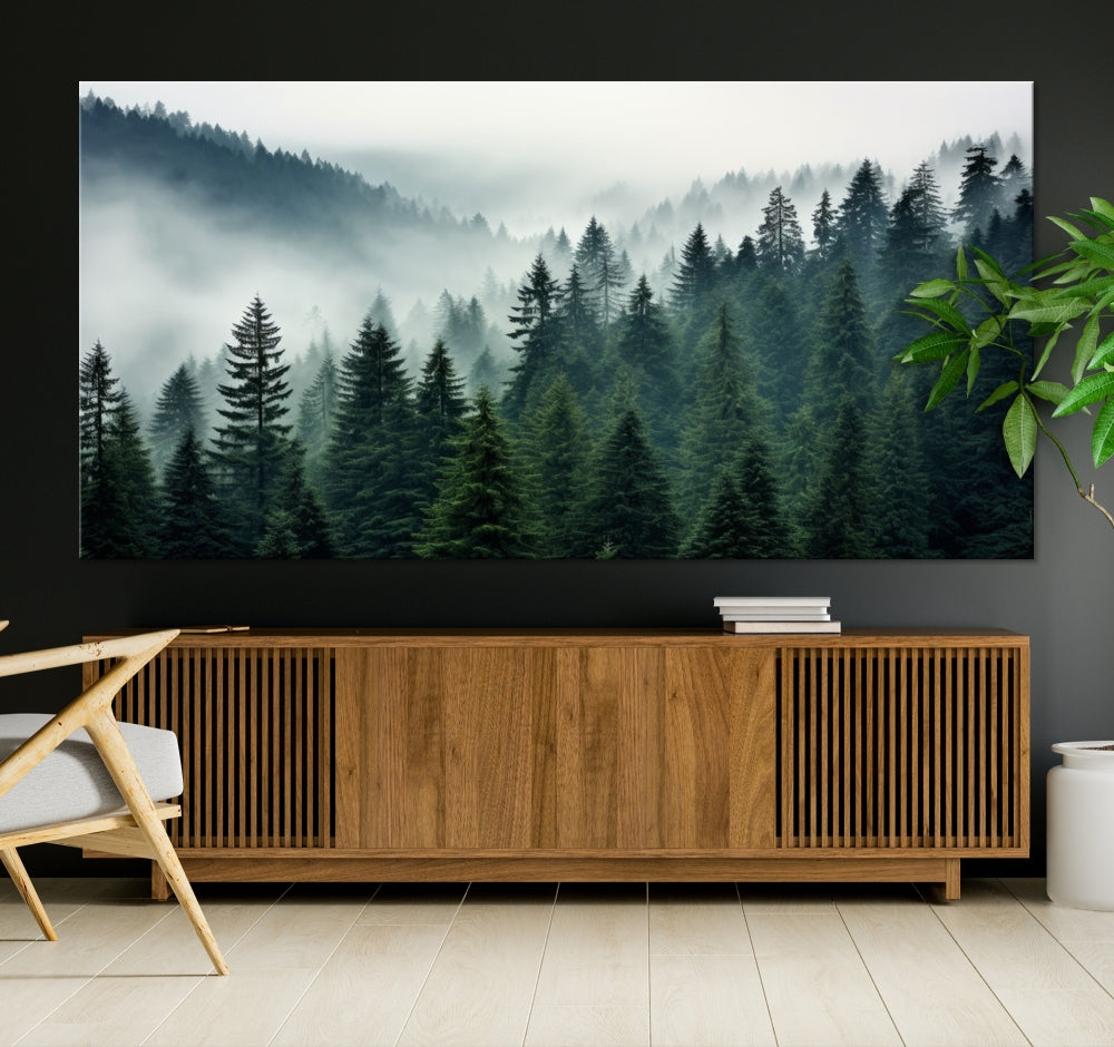 The Captivating Misty Forest Wall Art Premium Canvas Print portrays a foggy and serene atmosphere. This enchanting piece is displayed across three panels, each gallery wrapped for a seamless, sophisticated look.