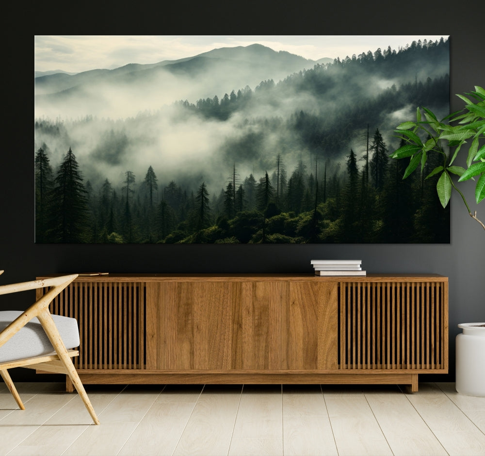 The "Captivating Misty Forest" wall art is a three-panel masterpiece that brings a foggy and serene atmosphere to the space. Printed on museum-quality canvas with a UV-protective coating, this piece offers an inviting and modern touch, ready to hang.