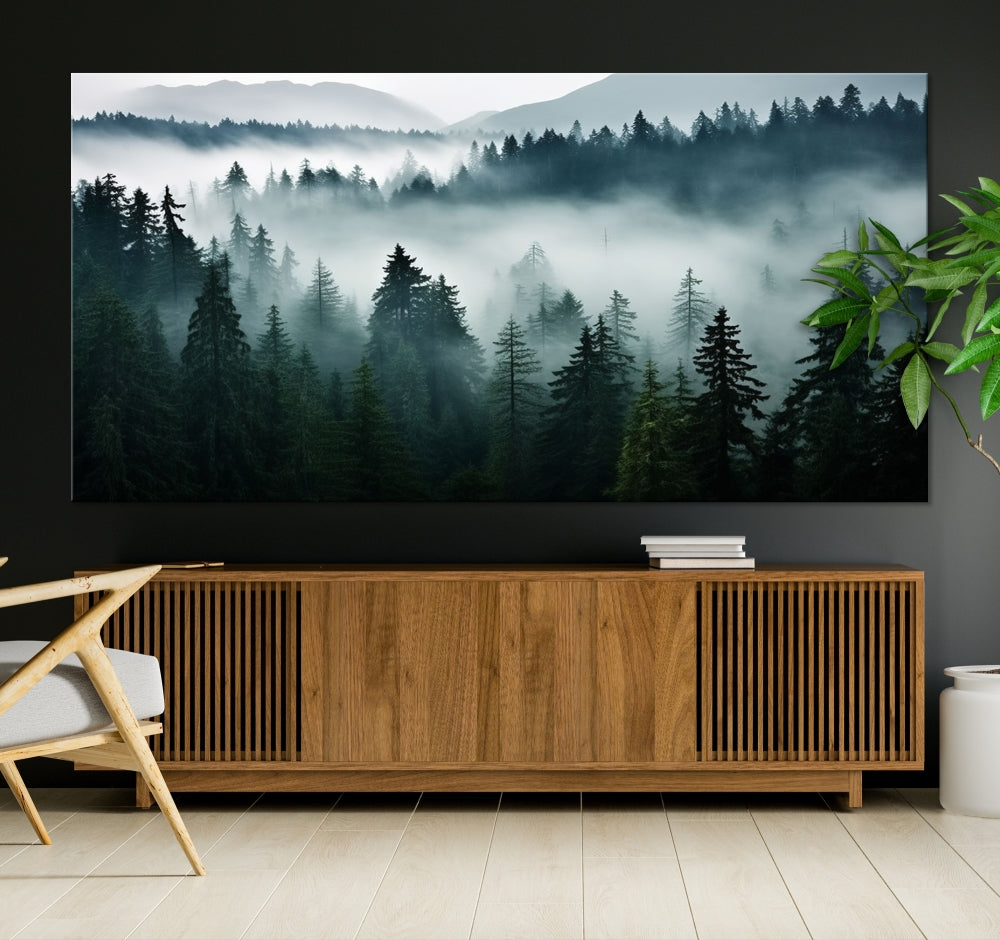 The Captivating Misty Forest Wall Art Premium Canvas Print, featuring a foggy and serene atmosphere on museum-quality canvases with a UV-protective coating, adorns the wall.