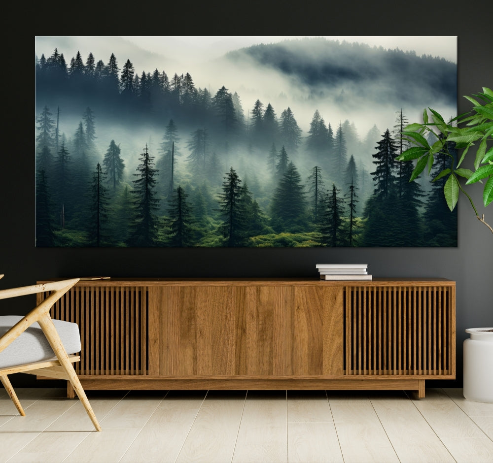 The Captivating Misty Forest Wall Art Premium Canvas Print creates a foggy and serene atmosphere in the living room. Each canvas is ready to hang and comes with a UV-protective coating to ensure lasting beauty.