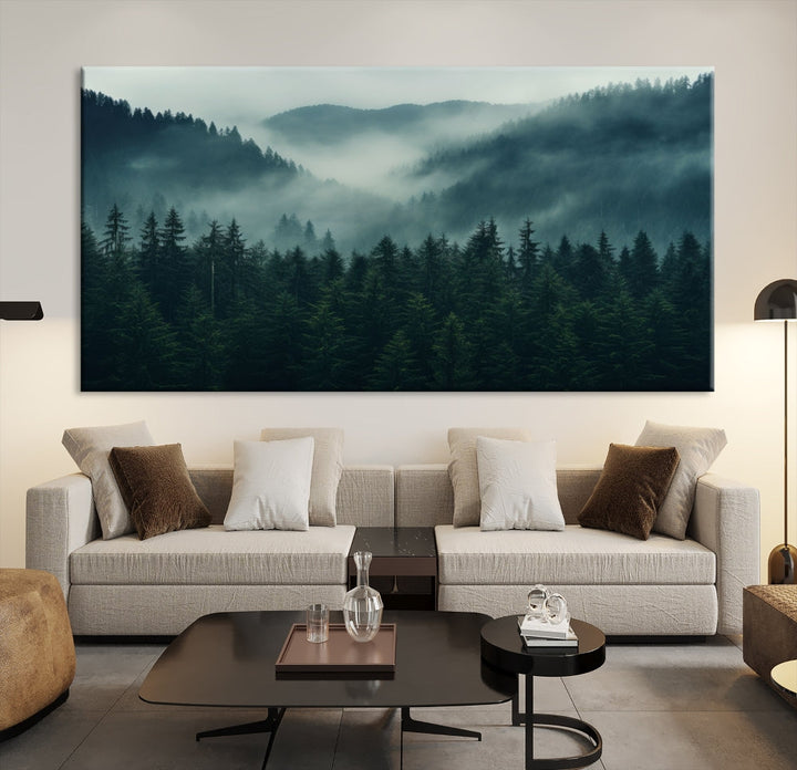 The Captivating Misty Forest Wall Art Premium Canvas Print adds a foggy and serene atmosphere to the living room with its large triptych on gallery-wrapped museum-quality canvas.