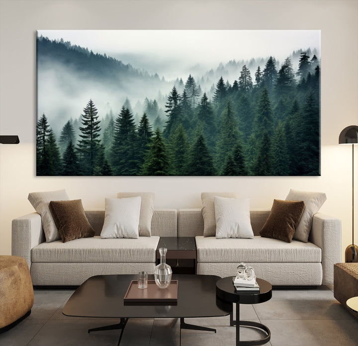 The Captivating Misty Forest Wall Art Premium Canvas Print portrays a foggy and serene atmosphere. This enchanting piece is displayed across three panels, each gallery wrapped for a seamless, sophisticated look.