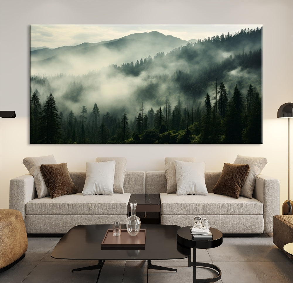 The "Captivating Misty Forest" wall art is a three-panel masterpiece that brings a foggy and serene atmosphere to the space. Printed on museum-quality canvas with a UV-protective coating, this piece offers an inviting and modern touch, ready to hang.