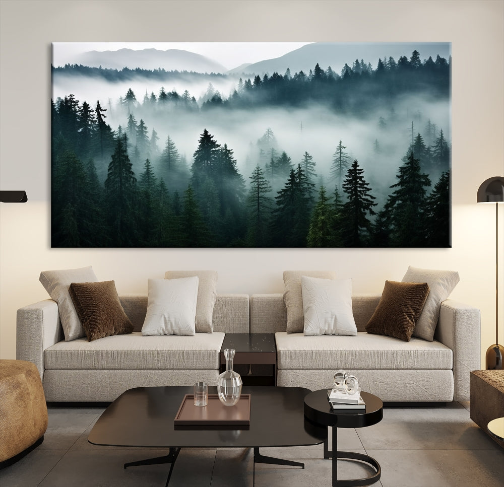 The Captivating Misty Forest Wall Art Premium Canvas Print, featuring a foggy and serene atmosphere on museum-quality canvases with a UV-protective coating, adorns the wall.