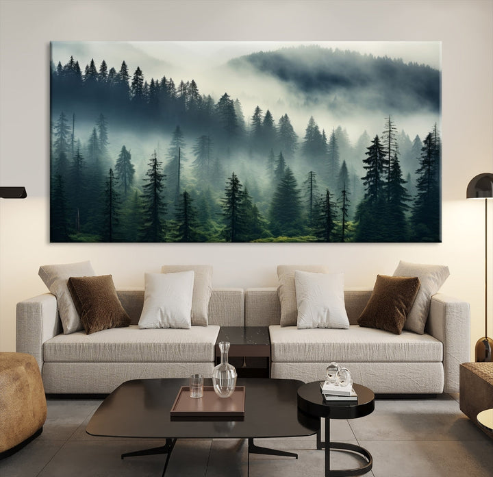 The Captivating Misty Forest Wall Art Premium Canvas Print creates a foggy and serene atmosphere in the living room. Each canvas is ready to hang and comes with a UV-protective coating to ensure lasting beauty.