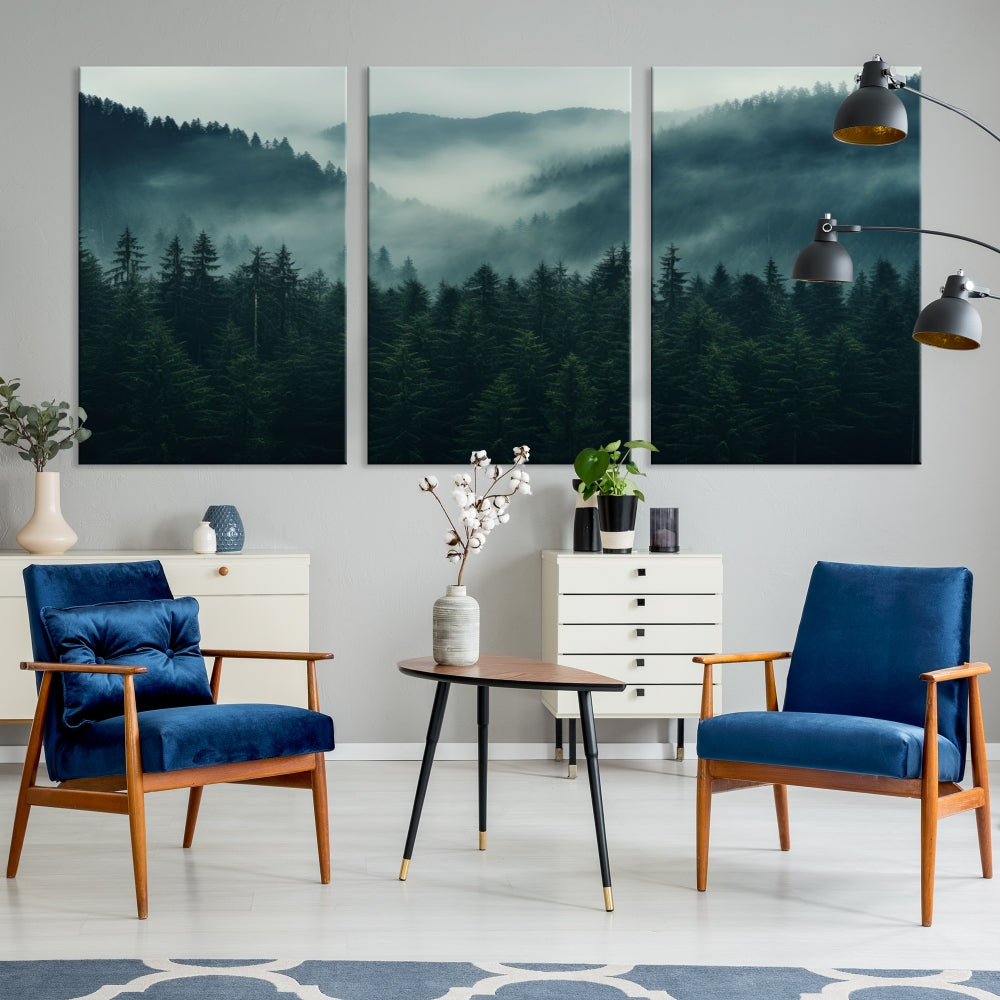 The Captivating Misty Forest Wall Art Premium Canvas Print adds a foggy and serene atmosphere to the living room with its large triptych on gallery-wrapped museum-quality canvas.