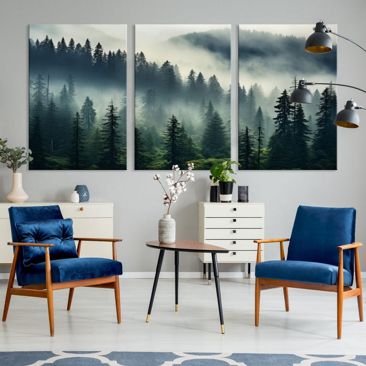 The Captivating Misty Forest Wall Art Premium Canvas Print creates a foggy and serene atmosphere in the living room. Each canvas is ready to hang and comes with a UV-protective coating to ensure lasting beauty.