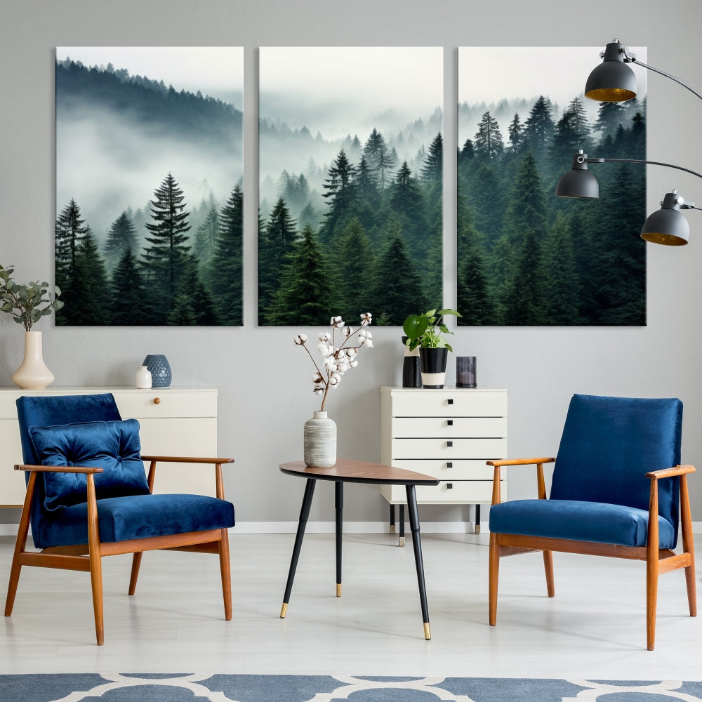 The Captivating Misty Forest Wall Art Premium Canvas Print portrays a foggy and serene atmosphere. This enchanting piece is displayed across three panels, each gallery wrapped for a seamless, sophisticated look.