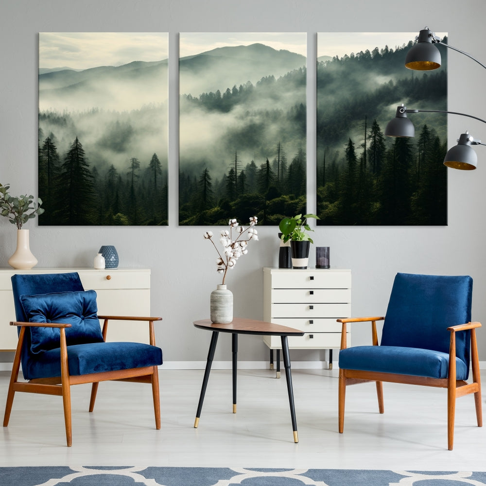 The "Captivating Misty Forest" wall art is a three-panel masterpiece that brings a foggy and serene atmosphere to the space. Printed on museum-quality canvas with a UV-protective coating, this piece offers an inviting and modern touch, ready to hang.