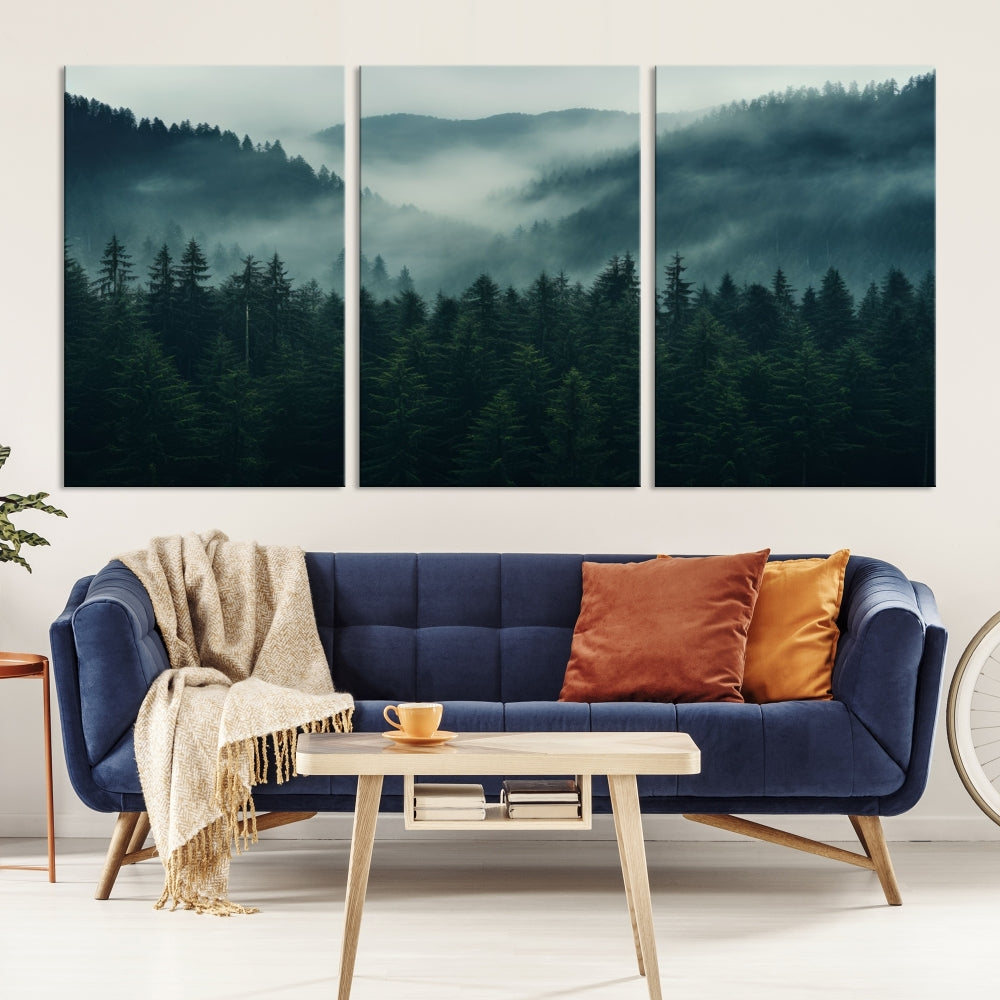 The Captivating Misty Forest Wall Art Premium Canvas Print adds a foggy and serene atmosphere to the living room with its large triptych on gallery-wrapped museum-quality canvas.