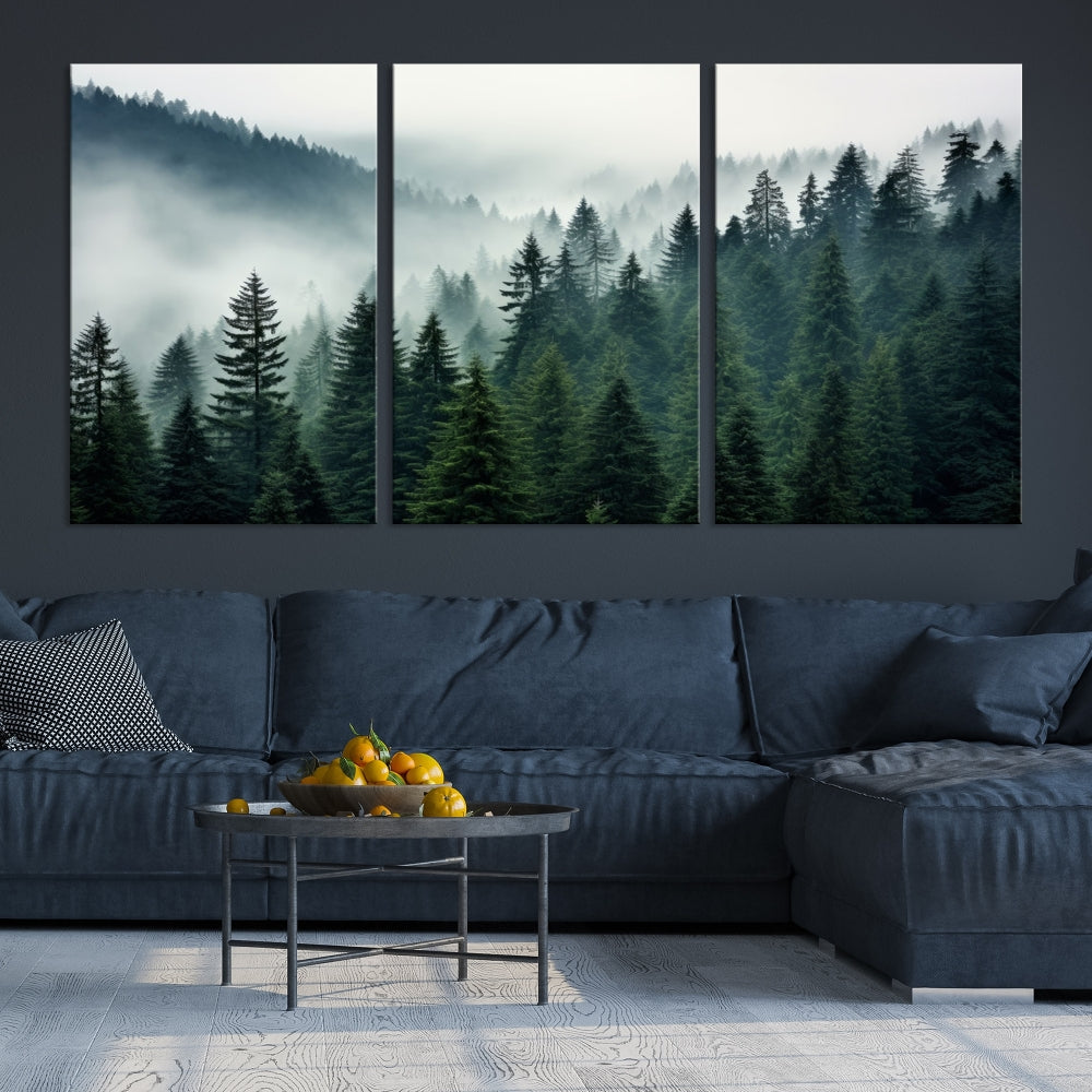 The Captivating Misty Forest Wall Art Premium Canvas Print portrays a foggy and serene atmosphere. This enchanting piece is displayed across three panels, each gallery wrapped for a seamless, sophisticated look.