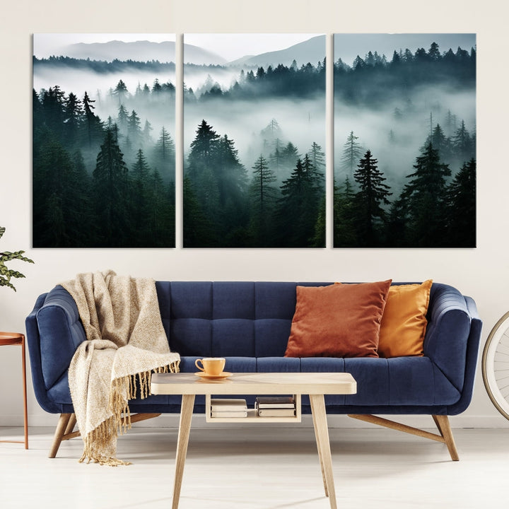 The Captivating Misty Forest Wall Art Premium Canvas Print, featuring a foggy and serene atmosphere on museum-quality canvases with a UV-protective coating, adorns the wall.